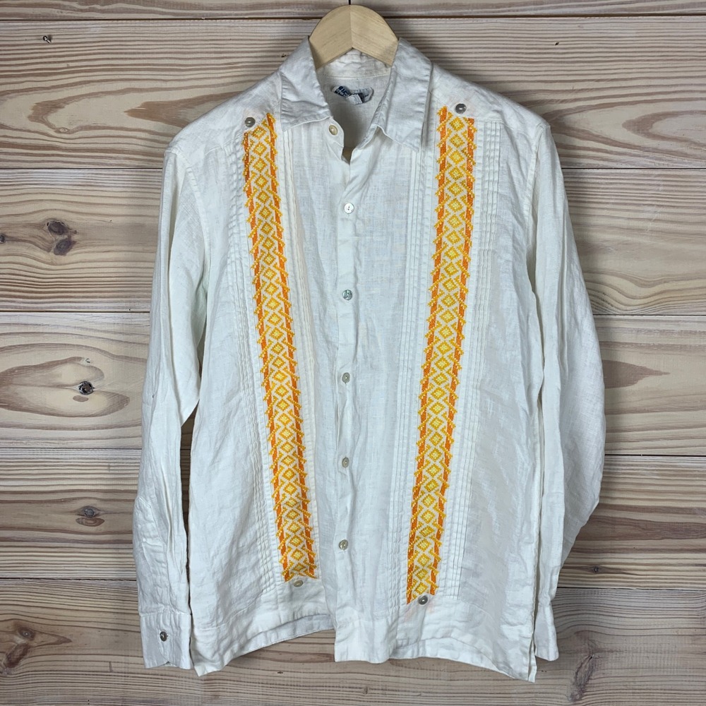 Esencia Maya Guayabera Shirt Mens L White Linen Embroidered Long Sleeve Yucatan